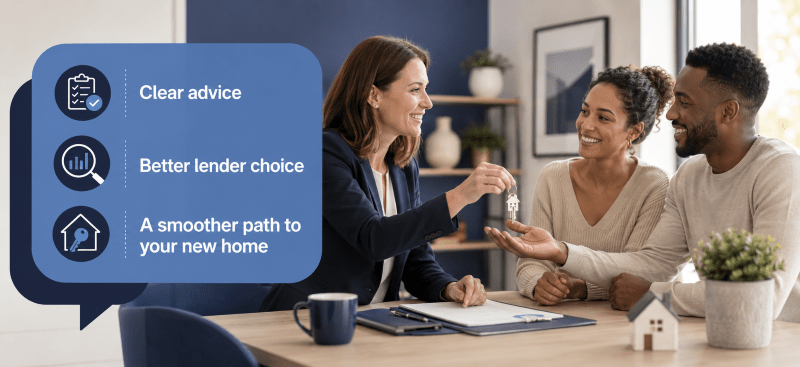 How a Mortgage Specialist Can Help You Buy a Home hero image showing a mortgage adviser handing house keys to a smiling couple, with icons for clear advice, lender choice and a smoother path to buying a home.