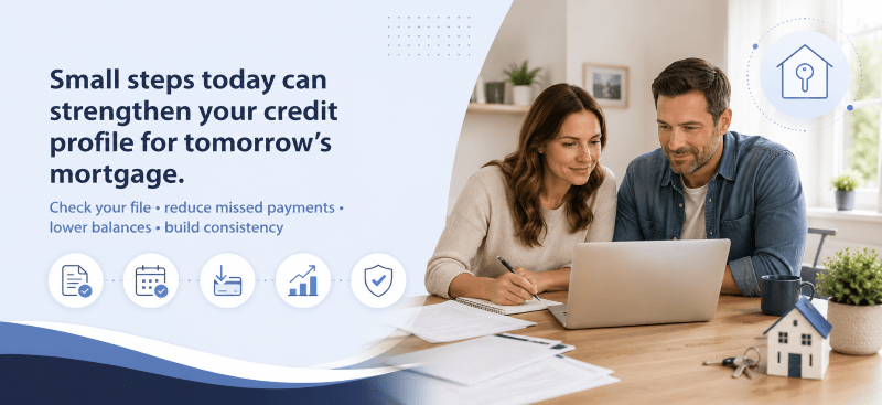 How to Improve Bad Credit for a Mortgage with a couple reviewing finances, credit report icons, payment reminders and home ownership symbols in Connect Mortgages brand colours.