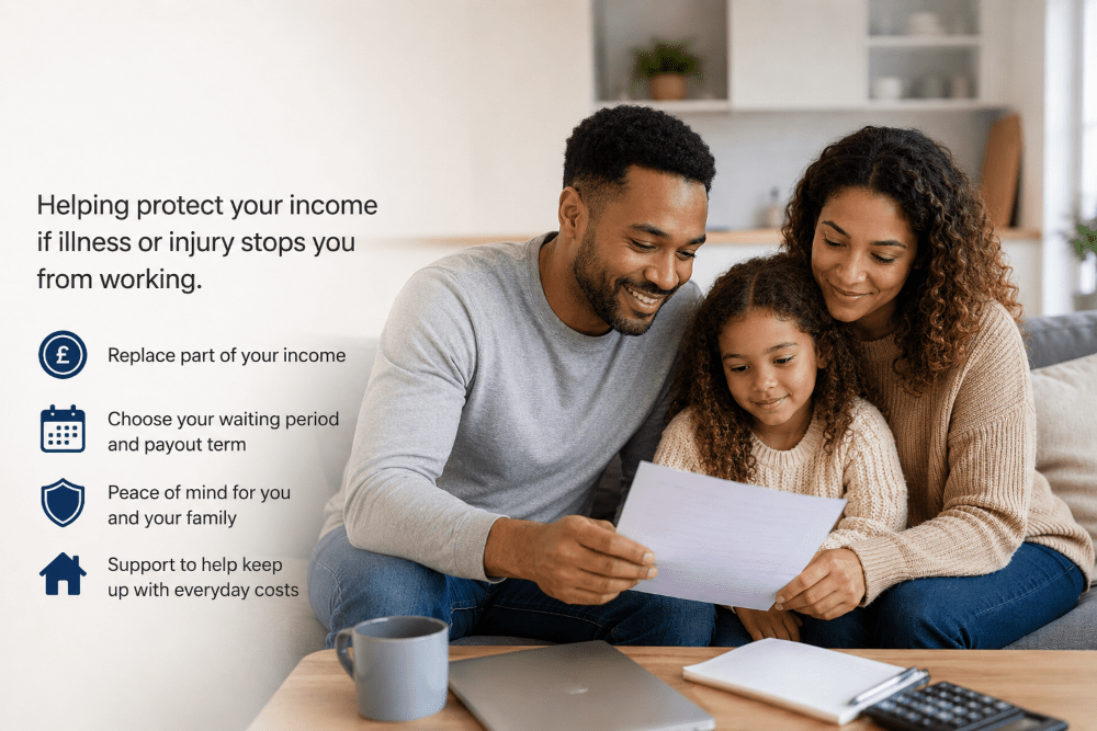 Income protection insurance for a mixed family reviewing household finances and mortgage costs at home.