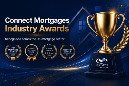 Connect Mortgages Industry Awards hero image with gold trophy, award badges and mortgage sector recognition theme.