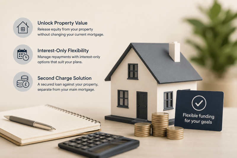 Interest-Only Second-Charge Mortgage with property value, flexible repayment and secured loan icons beside a modern house model and finance symbols.