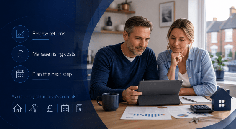 Is Being A Fruitful Landlord Still Feasible? A landlord couple review property finances at a table with a tablet, calculator, documents and house icon, alongside on-brand guidance points about returns, rising costs and planning the next step.