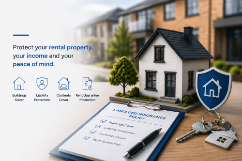 Landlord insurance hero image showing rental property protection, buildings cover, liability protection, contents cover and rent guarantee cover.