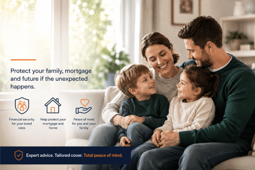 Life Cover Insurance for UK families, showing parents and children at home with icons for financial security, mortgage protection and peace of mind.