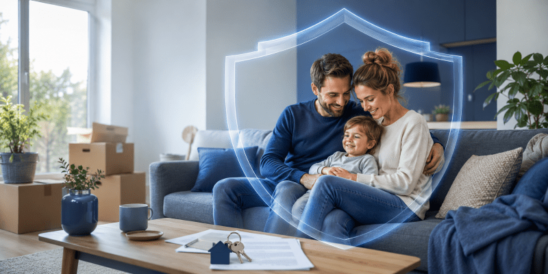 Life Cover & Mortgage Protection hero image showing a family protected by a glowing shield in their home, with moving boxes, mortgage documents and house keys.