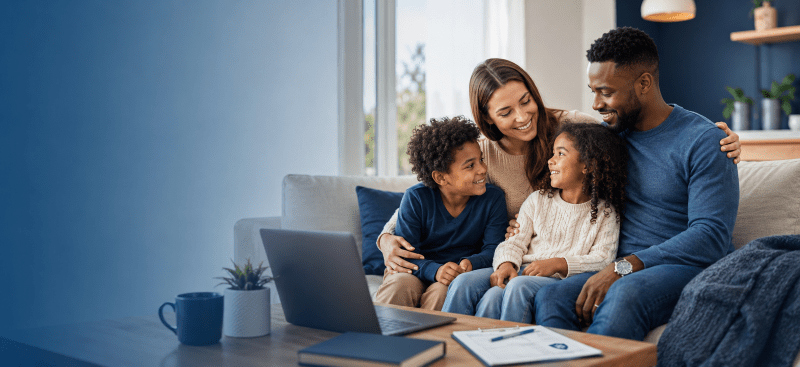 Life Insurance Premiums hero image showing a mixed white and Black family with a boy and girl at home, reflecting family protection, financial planning and life cover.