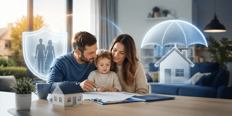 : Life Insurance and Mortgage Life Insurance hero image showing a family at home with a protective shield, umbrella and house symbol representing financial protection and mortgage security.