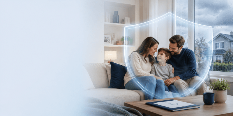 Life Insurance for the Unexpected hero image showing a family protected by a soft shield outline inside their home, representing financial security, mortgage protection and peace of mind.