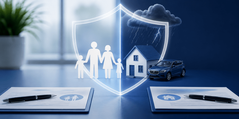 Life Insurance vs General Insurance hero image showing a split protection shield with family cover on one side and home and car insurance on the other, using Connect Mortgages brand colours.