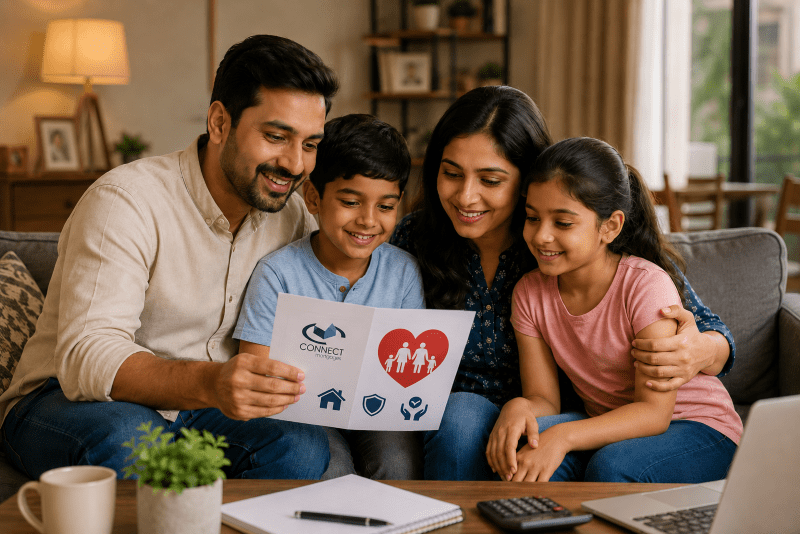 Life Insurance advice for an Indian family reviewing mortgage protection and family financial security at home.