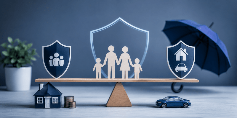 Life Protection vs General Insurance UK hero image showing family protection, home cover and car insurance symbols balanced on a scale in Connect Mortgages branded colours.