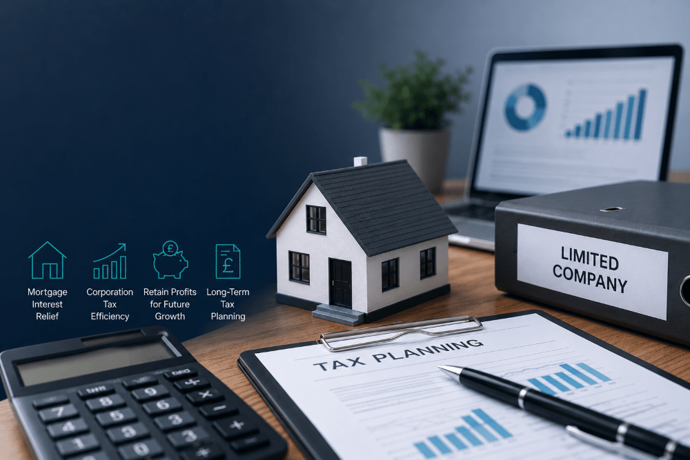 Limited company buy-to-let tax benefits hero image showing a model house, tax planning documents, calculator, financial charts and limited company folder.