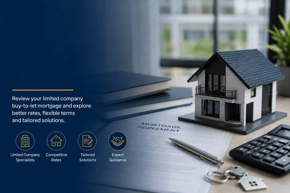 Limited company buy-to-let remortgage hero image showing a model house, mortgage agreement, calculator and keys.