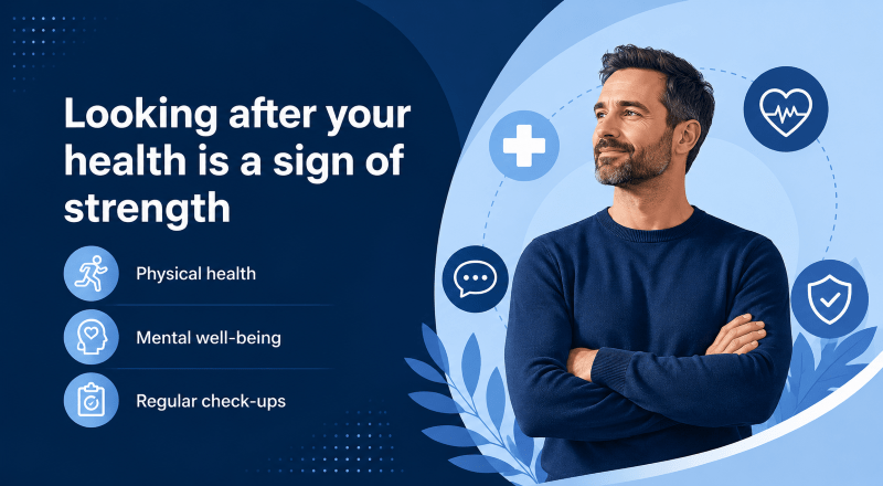 Men's Health Awareness Month 2023 hero image showing health, mental well-being and regular check-up icons in Connect Mortgages dark blue and light blue branding.