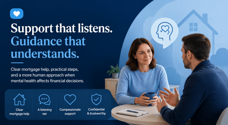 Connect Mortgages mental health mortgage support hero image showing a calm adviser conversation, with wellbeing, home, heart and confidentiality icons in dark blue and light blue branding.