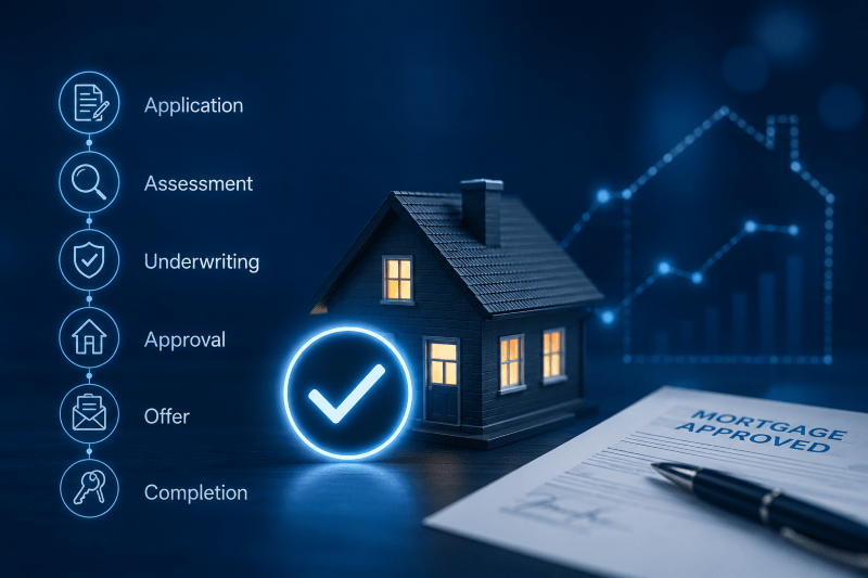 Mortgage Approval Process infographic showing application, assessment, underwriting, approval, offer and completion stages with mortgage approval icons and a house visual.
