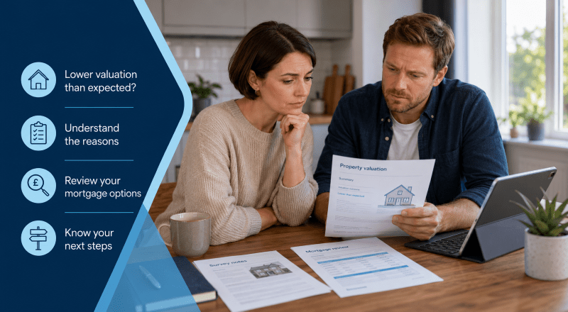 Mortgage Down Valuation advice with couple reviewing property valuation and mortgage options