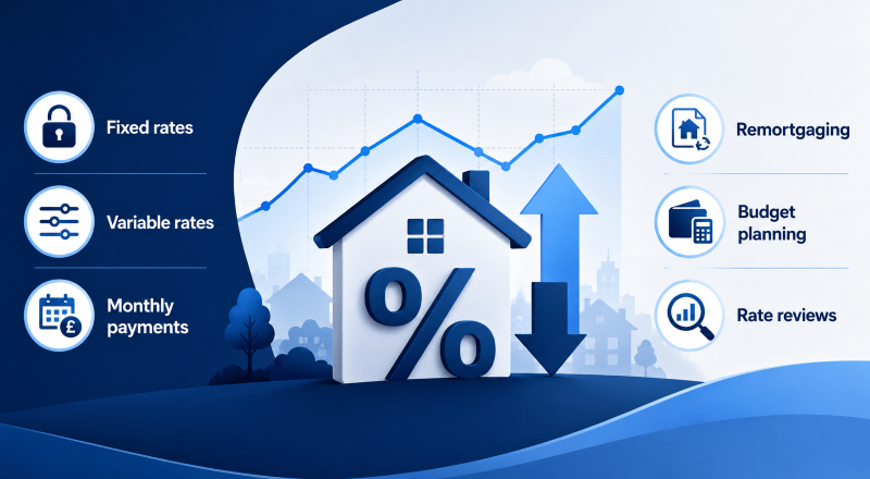 Mortgage Interest Rate Changes Explained with house percentage icon, rate chart, fixed rates, variable rates, remortgaging and budget planning symbols.
