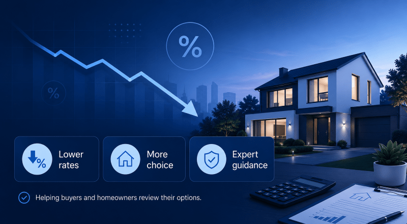 Mortgage Rates Reducing hero image showing a modern home, falling rate graph, percentage icon and mortgage guidance callouts in dark blue and light blue brand colours.