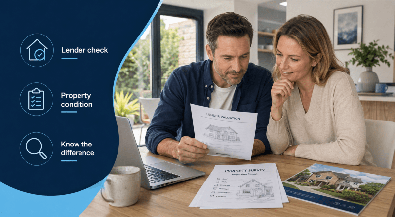 Mortgage Valuation Versus Survey explained with a couple reviewing lender valuation and property survey documents.
