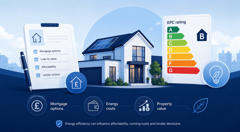 Mortgage and EPC Connection hero image showing a modern energy-efficient home, EPC rating chart, mortgage checklist, pound icons and energy cost indicators in dark blue and light blue branding.