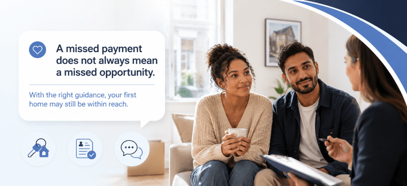Mortgage for Bad Credit First-Time Buyers consultation scene, showing a couple speaking with an adviser at home, with supportive messaging and icons representing homeownership, eligibility, and guidance.