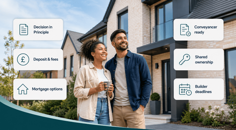 New Build Homes guide for first-time buyers with mortgage advice icons, including Decision in Principle, deposit costs, conveyancing and shared ownership.