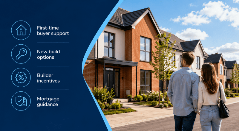 New Build Schemes for First-Time Buyers with mortgage guidance icons and a new-build housing development
