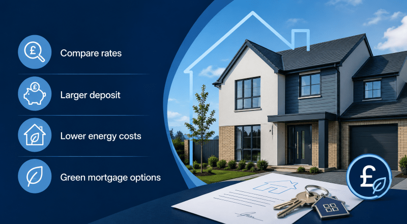 New Home Mortgage Loan hero image showing a modern new-build home with mortgage rate, deposit, energy cost and green mortgage icons.