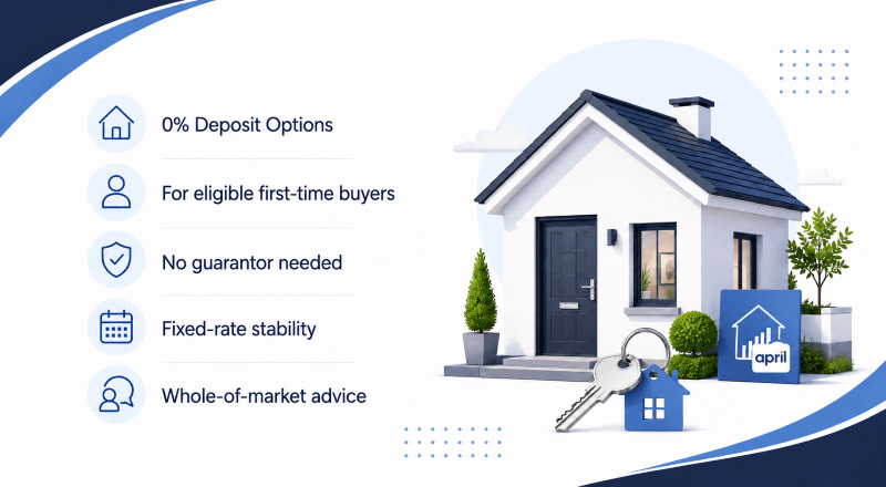 No Deposit Mortgage for First-Time Buyers, showing 0% deposit options, eligibility, fixed-rate stability and whole-of-market mortgage advice.