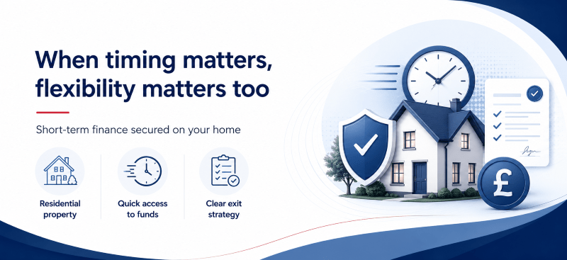 Raise Capital Without Changing Your Mortgage hero image showing short-term finance secured on your home, with icons for residential property, quick access to funds, and clear exit strategy beside a house, shield, clock, checklist, and pound symbol in Connect Mortgages branded blue tones.