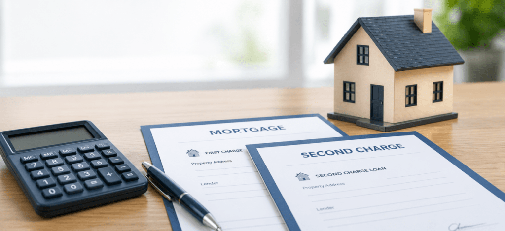Second charge mortgage paperwork beside a model home and calculator, representing secured borrowing against property equity.