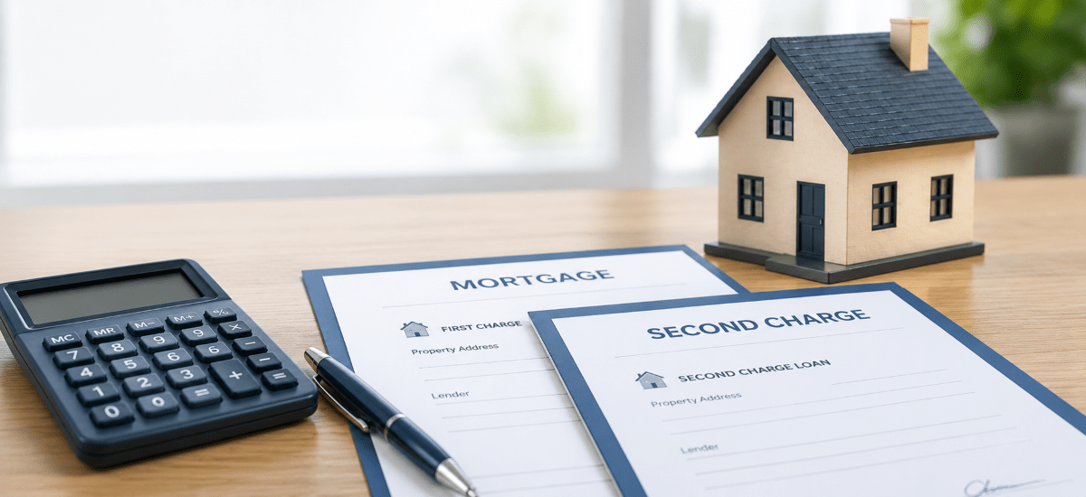 Second charge mortgage paperwork beside a model home and calculator, representing secured borrowing against property equity.