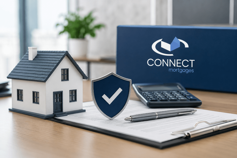 Regulated Bridging Loans with Connect Mortgages branding, house model, calculator, documents and shield symbolising secure short-term residential finance.