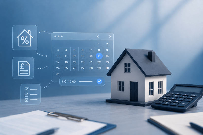 Remortgage Buy‑to‑Let hero image showing a house model, calculator and calendar appointment interface to represent planning a buy‑to‑let remortgage.