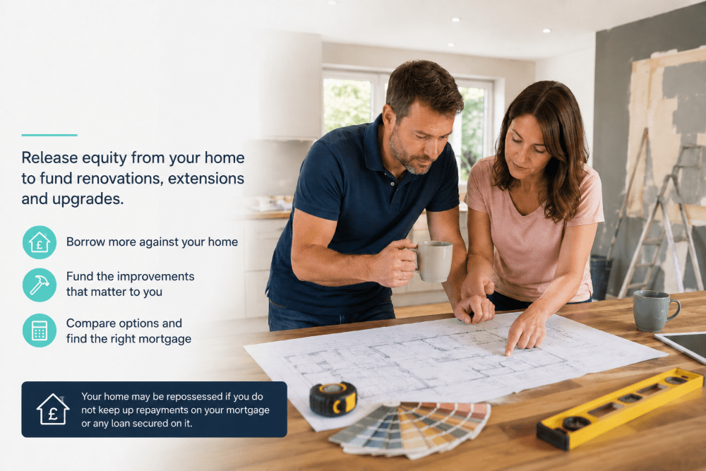 Couple reviewing home renovation plans with mortgage options for remortgage home improvements