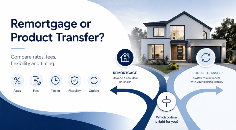 Remortgage or Product Transfer? Hero image showing a modern home with a split-path graphic comparing two options, with icons for rates, fees, timing, flexibility and switching choices.