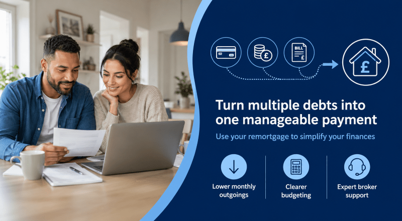Remortgage to consolidate debt with household bills, credit card and loan payments shown moving into one manageable mortgage payment with broker support.