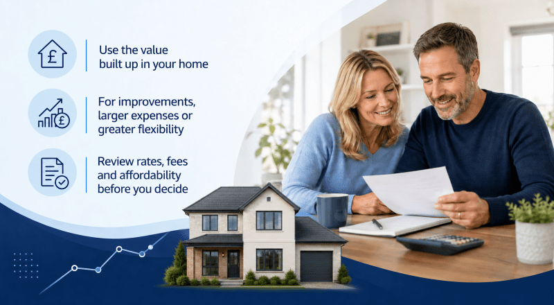 Remortgage to Release Equity hero image showing a couple reviewing paperwork at home, with icons highlighting home value, larger expenses and reviewing rates, fees and affordability, alongside a modern house image.