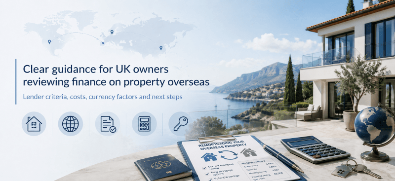 Remortgaging Property Abroad hero image showing a coastal overseas home, world map connections, finance documents, calculator, passport, keys and icons representing lender criteria, costs and next steps.