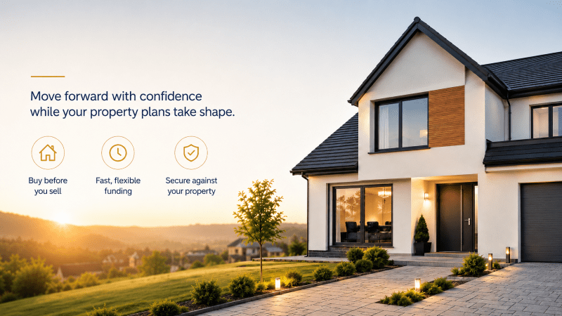 Residential Bridge Loans hero image showing a modern family home at sunset, with supporting icons and text highlighting buy before you sell, fast flexible funding, and secure property-backed finance.