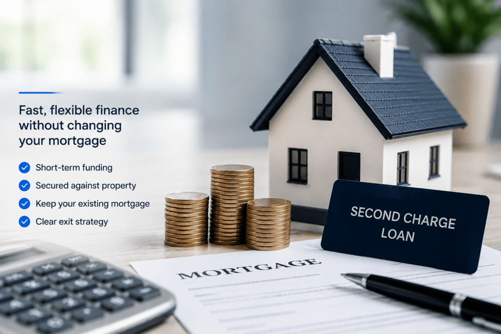 Second charge bridging loans hero image showing a model house, mortgage paperwork, coins and key loan features for short-term secured property finance.