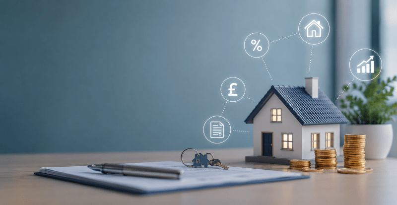 Second Charge Buy-to-let Mortgage concept image showing a model house, stacked coins, keys, paperwork, and finance icons in Connect Mortgages branded colours.