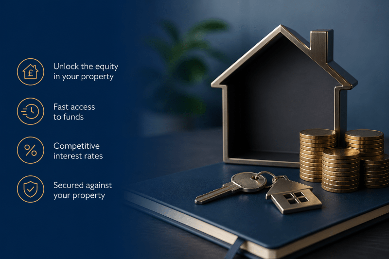 Second Charge Mortgage Advice with property equity icons, house key and coins showing secured borrowing against a home.