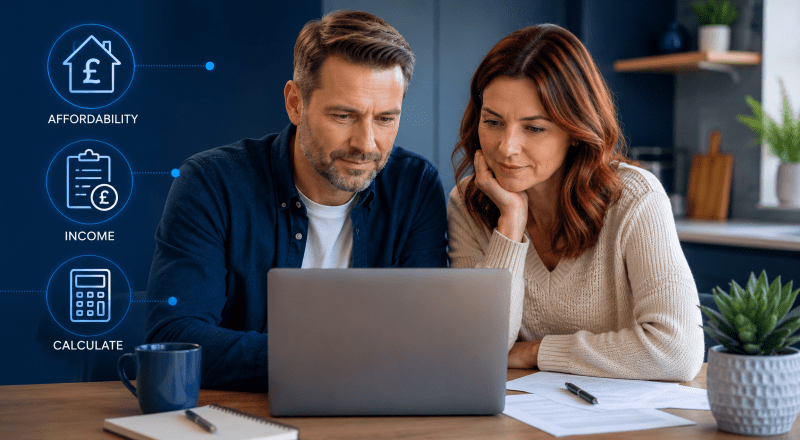 White couple reviewing Second Charge Mortgage Affordability on a laptop, with icons representing affordability, income and calculations.