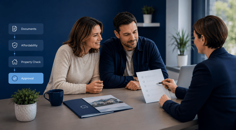 Second Charge Mortgage Application Process explained by an adviser to a couple, with document, affordability, property check and approval stages.