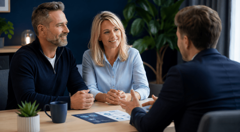 White couple meeting a mortgage adviser to discuss second charge mortgage fees and costs in a modern blue-toned office.