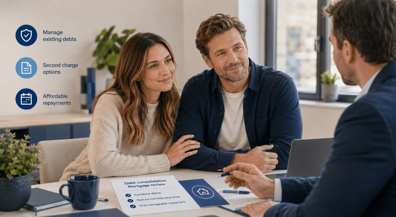 Second Charge Mortgage for Debt Consolidation consultation with a couple and mortgage adviser discussing existing debts and repayment options.