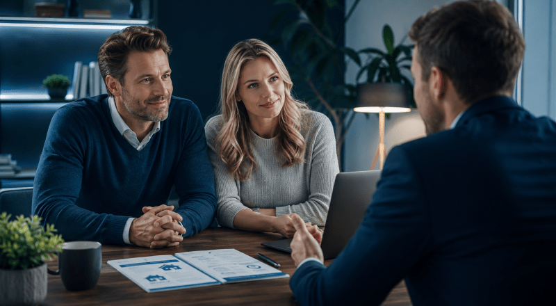 White couple meeting a mortgage adviser to discuss Second Charge Mortgages for Self-Employed borrowers in a modern office.