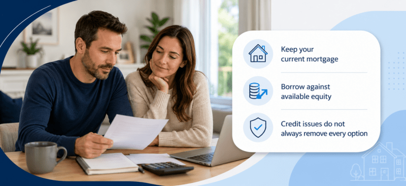 Couple reviewing finances at home with icons showing equity, mortgage options and support for Second Charge Mortgages with Bad Credit.